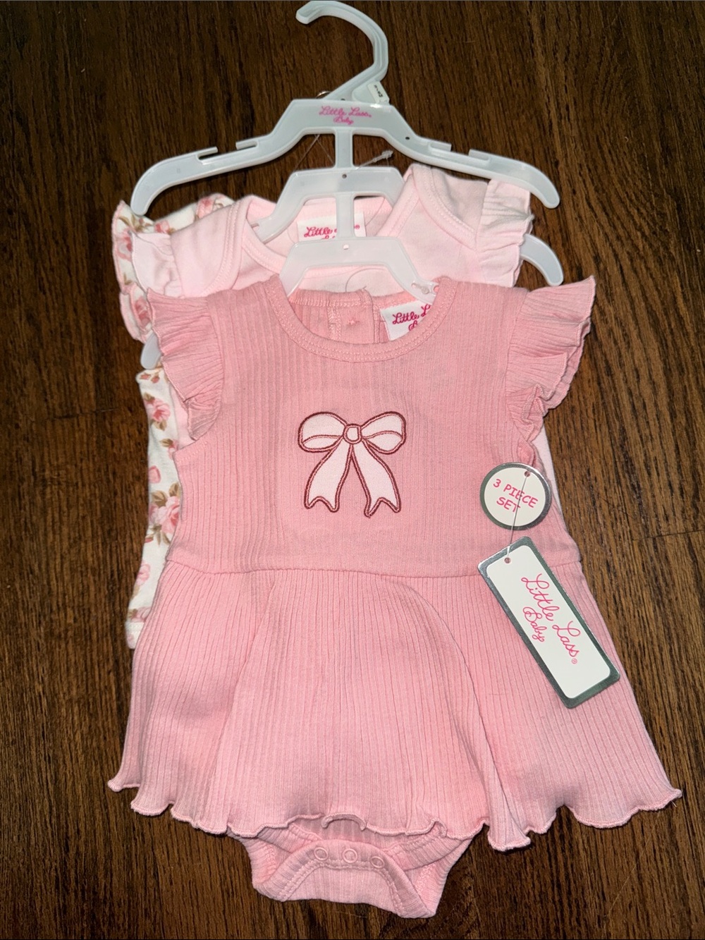 NWT Little Lass Soft Pink Ribbed Baby Dress Bodysuit Set of 3
